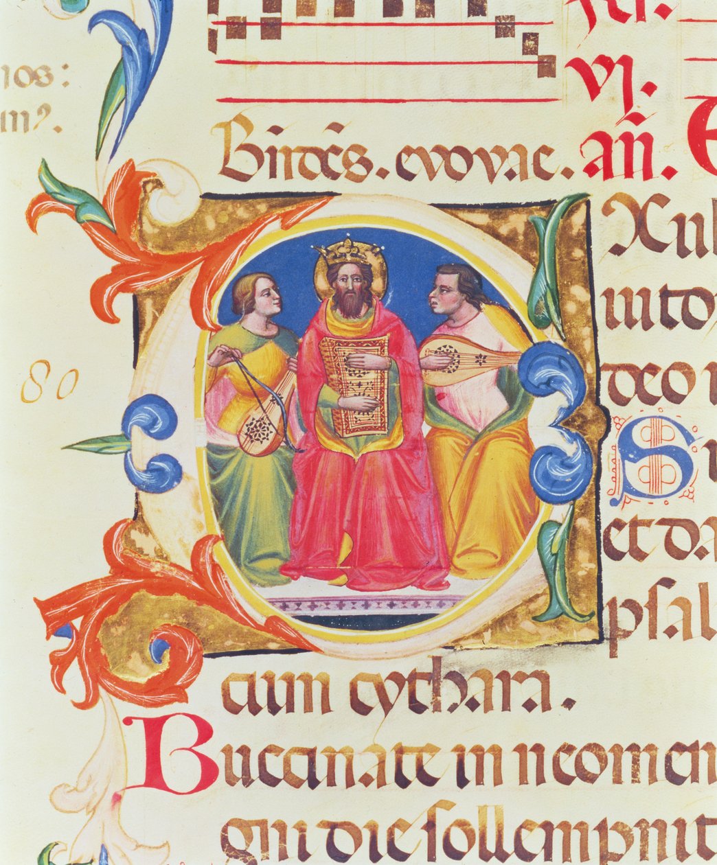 السيدة 559 f.155v O الأولي التاريخي الذي يصور الملك داود وملائكين ، من كتاب مزامير سانتا ماريا نوفيلا ، مضاء بواسطة باولو سولديني (fl.1342-86) 1379 بواسطة المدرسة الايطالية