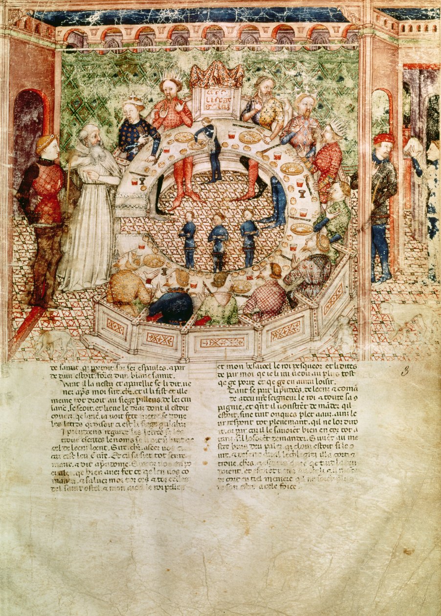 السيدة Fr 343 fol.3 ، رحب السير Galahad إلى الطاولة المستديرة من Queste del Saint Graal ، c.1380-85 بواسطة المدرسة الايطالية