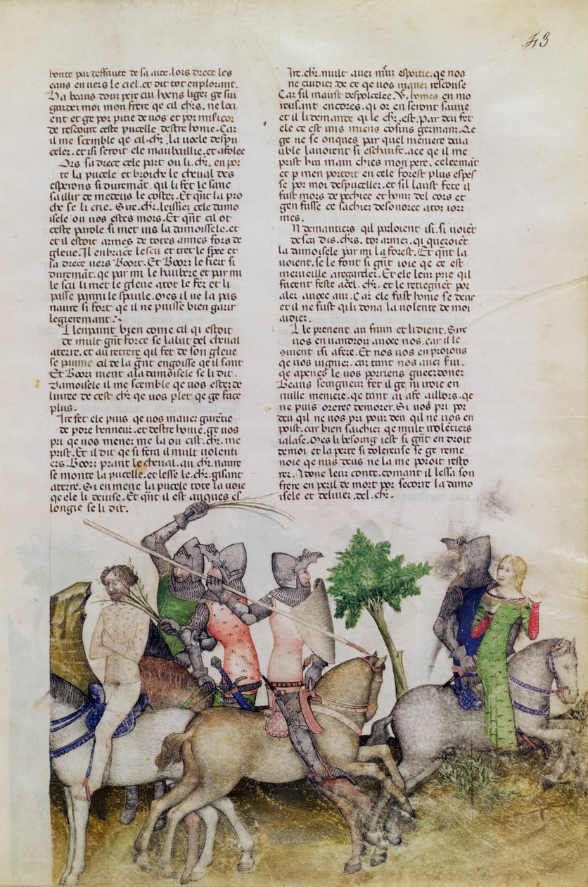 السيدة Fr 343 fol.43 يُجبر فارس المائدة المستديرة ، السير بورس ، على الاختيار بين إنقاذ شقيقه ليونيل أو إنقاذ الفتاة من كويست ديل سانت جراال ، 1380-85 بواسطة المدرسة الايطالية