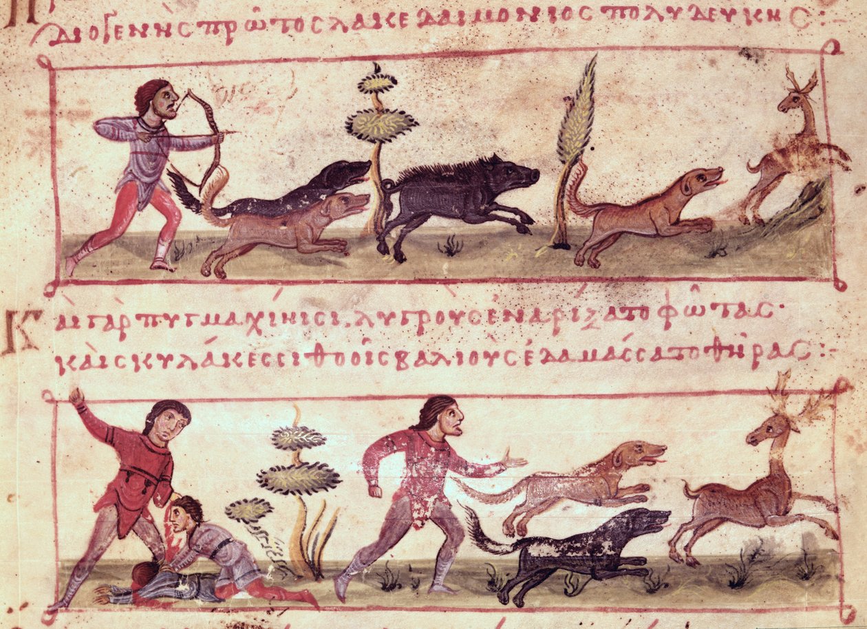 السيدة Grec 479 Deer Hunting ، رسم توضيحي من Cynegetica بواسطة Oppian (درجة الحرارة على الرق) بواسطة المدرسة الايطالية