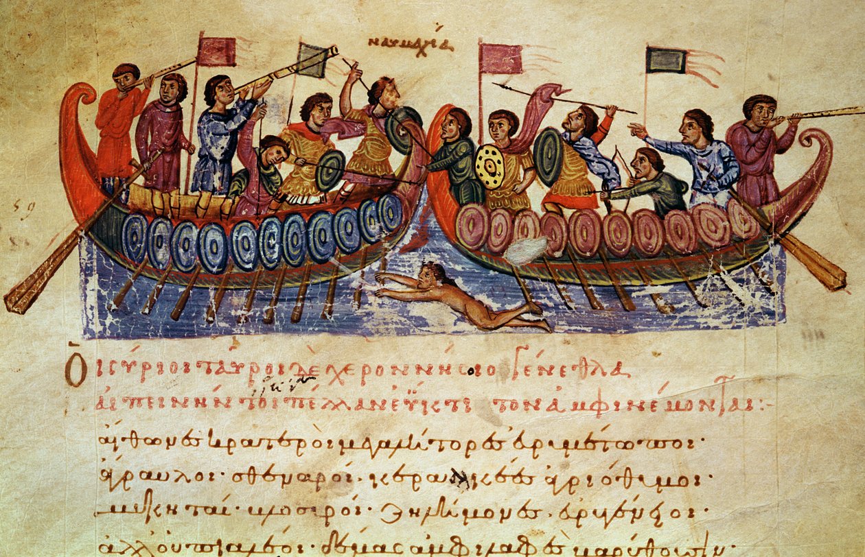 السيدة Grec 479 Combat Combat بين سفينتين ، رسم توضيحي من Halieutica أو Cynegetica بواسطة Oppian بواسطة المدرسة الايطالية