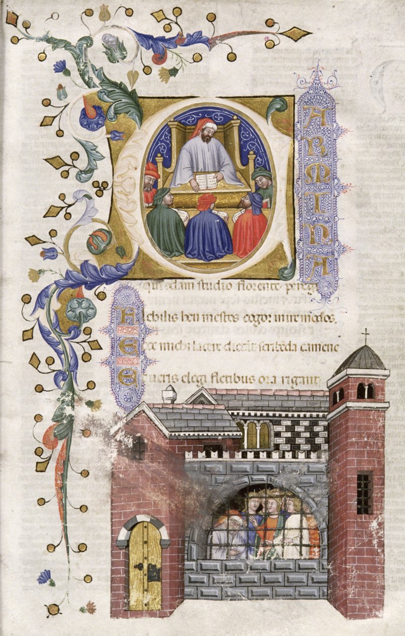 MS Ferguson 374 f.4r الفلسفة مع الطلاب في السجن ، من Topicis with Commenlo ، 1385 بواسطة المدرسة الايطالية