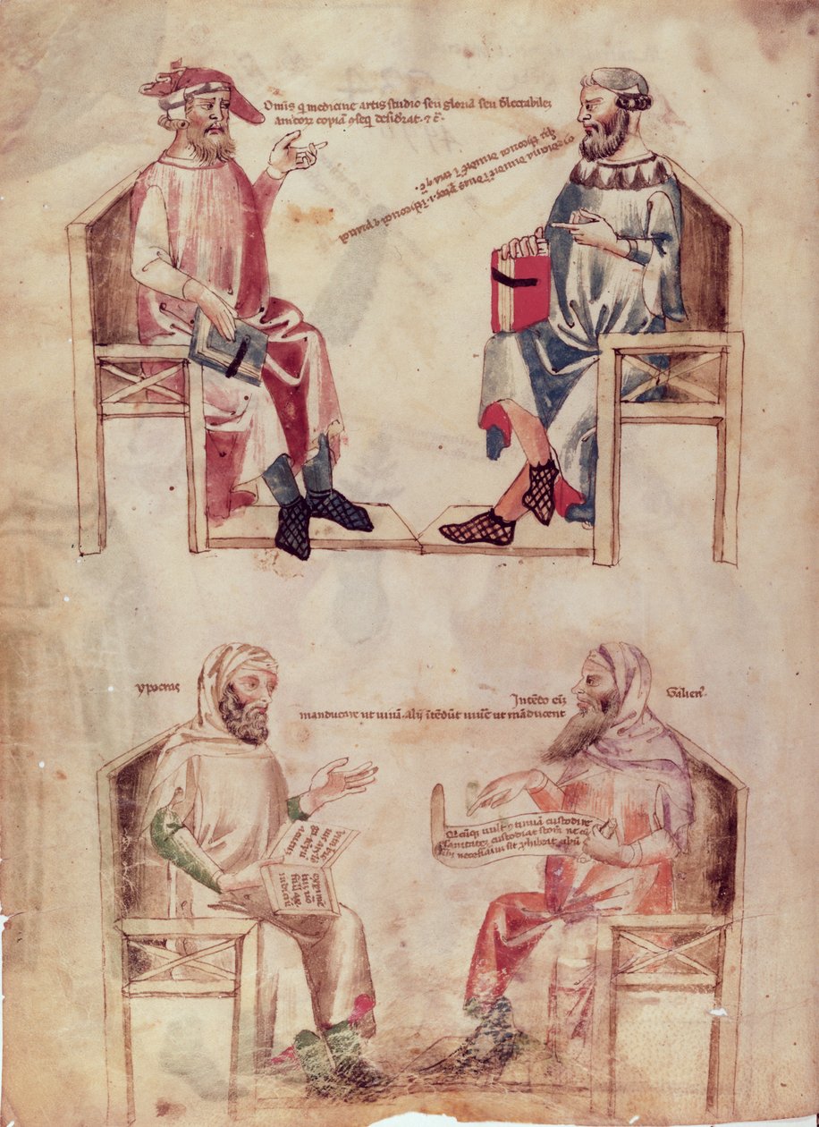 MS 6823 fol.1v Galen (c.460-c.377 قبل الميلاد) و Hunayn بن إسحاق (808-73) وأبقراط وجالينوس (c.201-C.131) من الأعشاب بواسطة Manfred of Mount Imperial ، ج .330-40 بواسطة المدرسة الايطالية