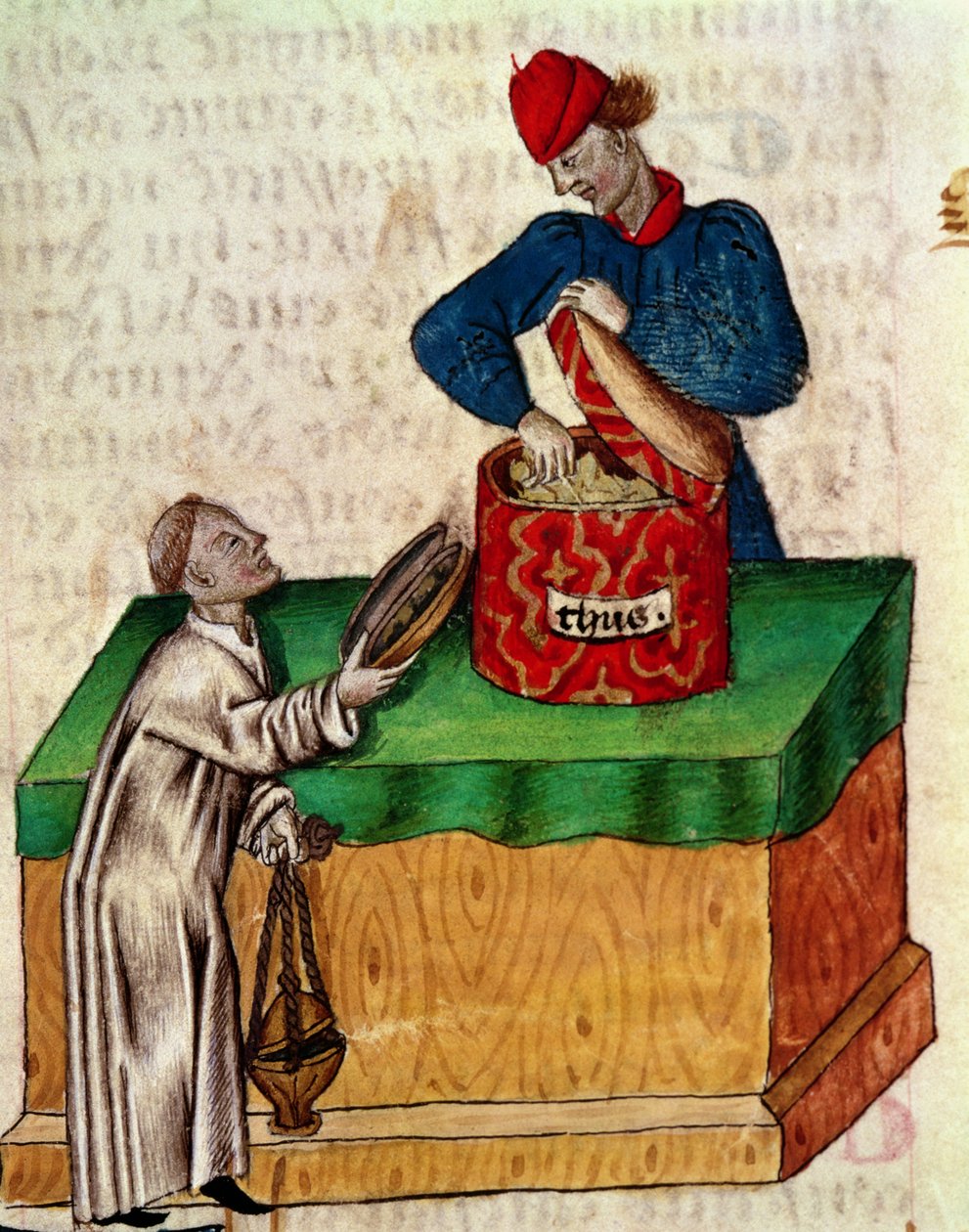 Ms Lat 993 fol.104r بائع البخور ، من "Tractatus de Herbis" لديوسكوريدس (ورق) بواسطة المدرسة الايطالية