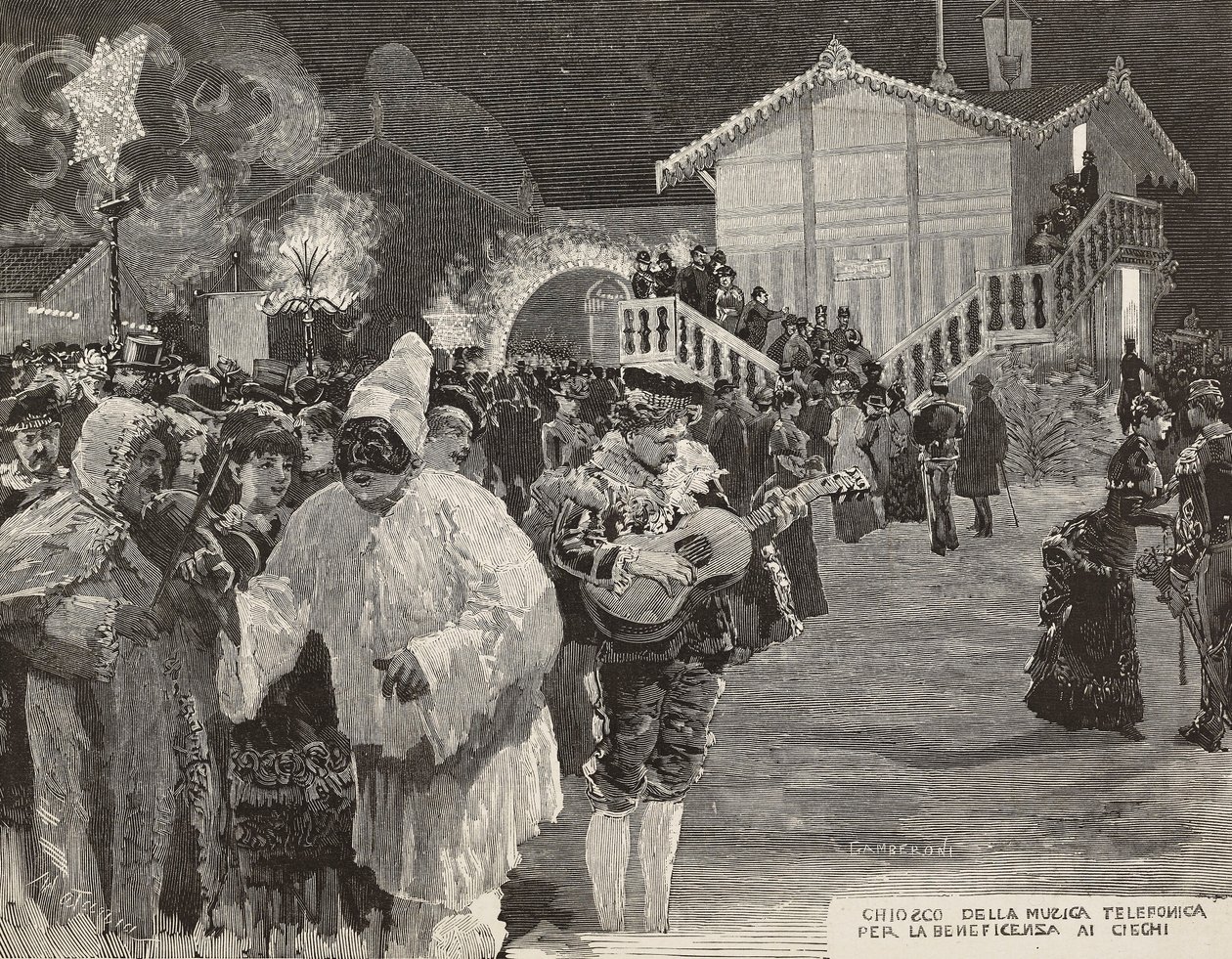 Music kiosk to raise money for blind, Pulcinella mask, Carnival in Naples, Italy, engraving from drawing by Matania, engraving by Gamberoni from L