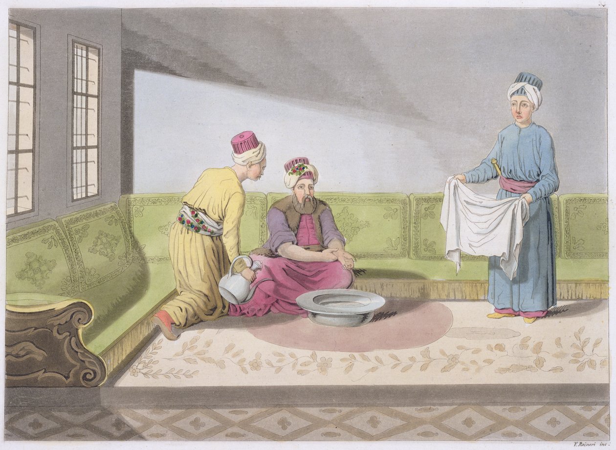 مسلم يؤدي الوضوء ، اللوحة 34 من الجزء الثالث ، المجلد الأول من تاريخ الأمم ، منقوش بقلم رينيري (أكواتنت) بواسطة المدرسة الايطالية