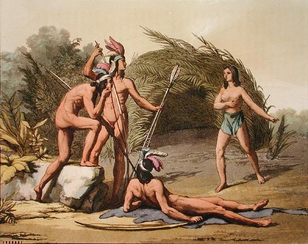 سكان غيانا الأصليون ، من "Le Costume Ancien et Moderne" ، بقلم Jules Ferrario ، نُشر حوالي 1820s-30s (نقش ملون) بواسطة المدرسة الايطالية