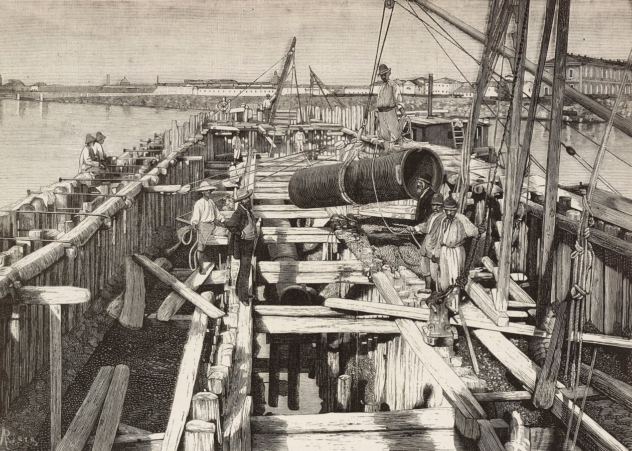 New aqueduct in Venice, laying the channel in the lagoon, Italy, engraving from drawing by Riera, from L