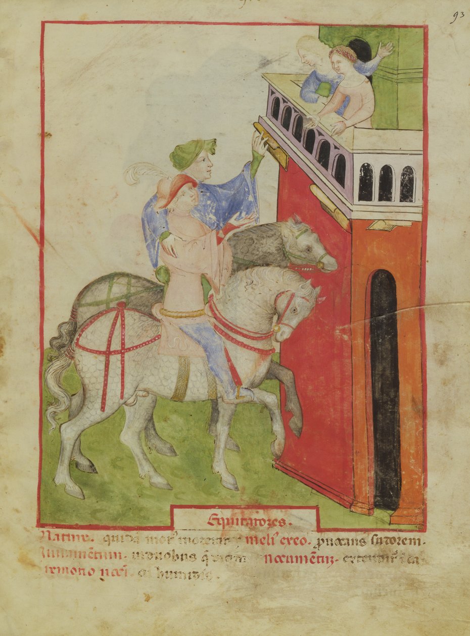 Nouy Acq Lat 1673 f.93 ركوب الخيل ، من Tacuinum الصحي ، c.1390-1400 بواسطة المدرسة الايطالية