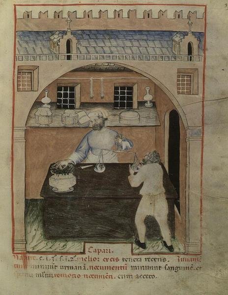 Nouv Acq Lat 1673 ، صفحة 39 ، بائع لحوم مجففة ، من "Tacuinum Sanitatis" ، حوالي 1390-1400 (ورق ورق) بواسطة المدرسة الايطالية
