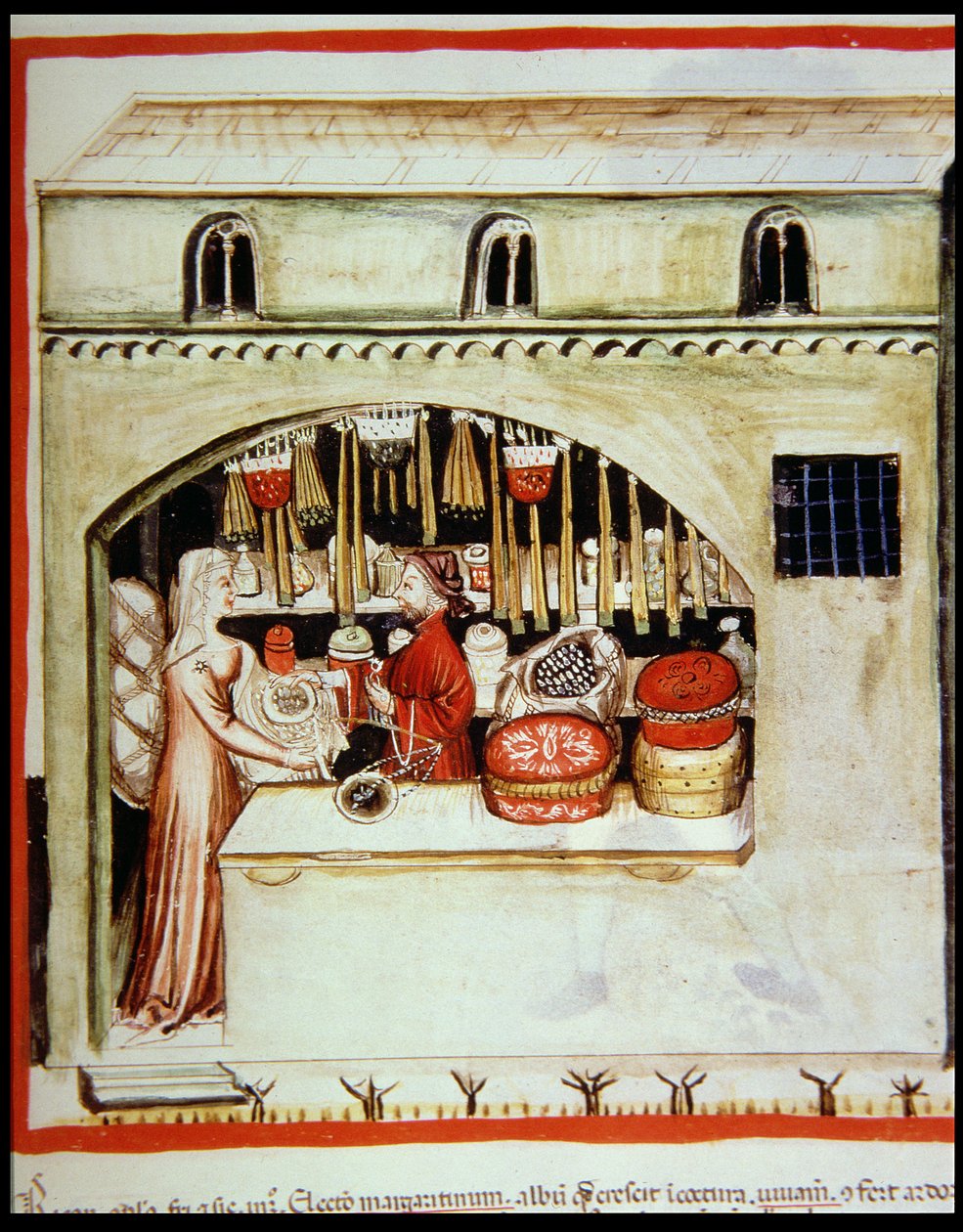 جديد f.46r بيع الأرز ، 2644 ، من الدستور الغذائي لـ Tacuinum بواسطة المدرسة الايطالية