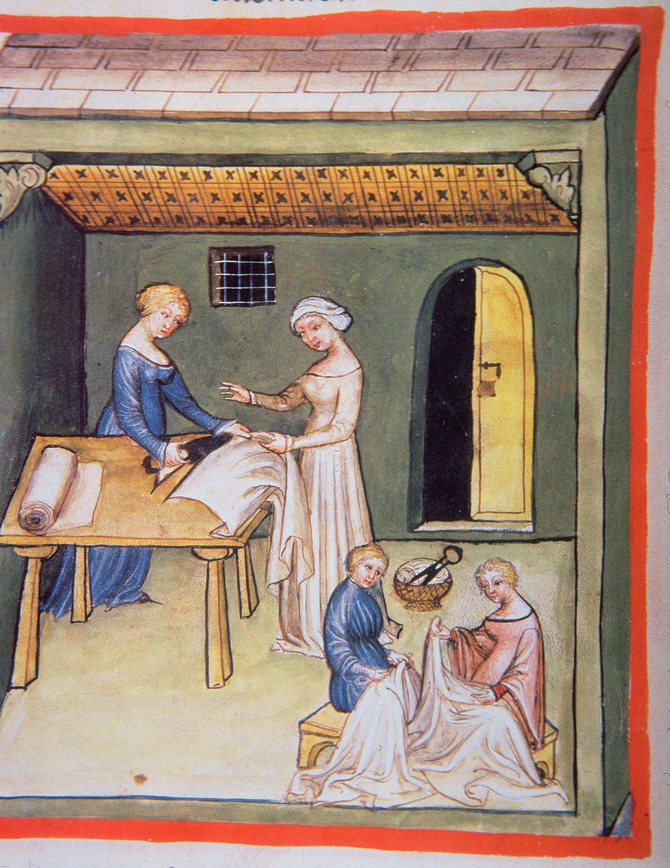 Nova 2644 fol.105v متجر الخياطين: ملابس الكتان ، من Tacuinum Sanitatis بواسطة المدرسة الايطالية