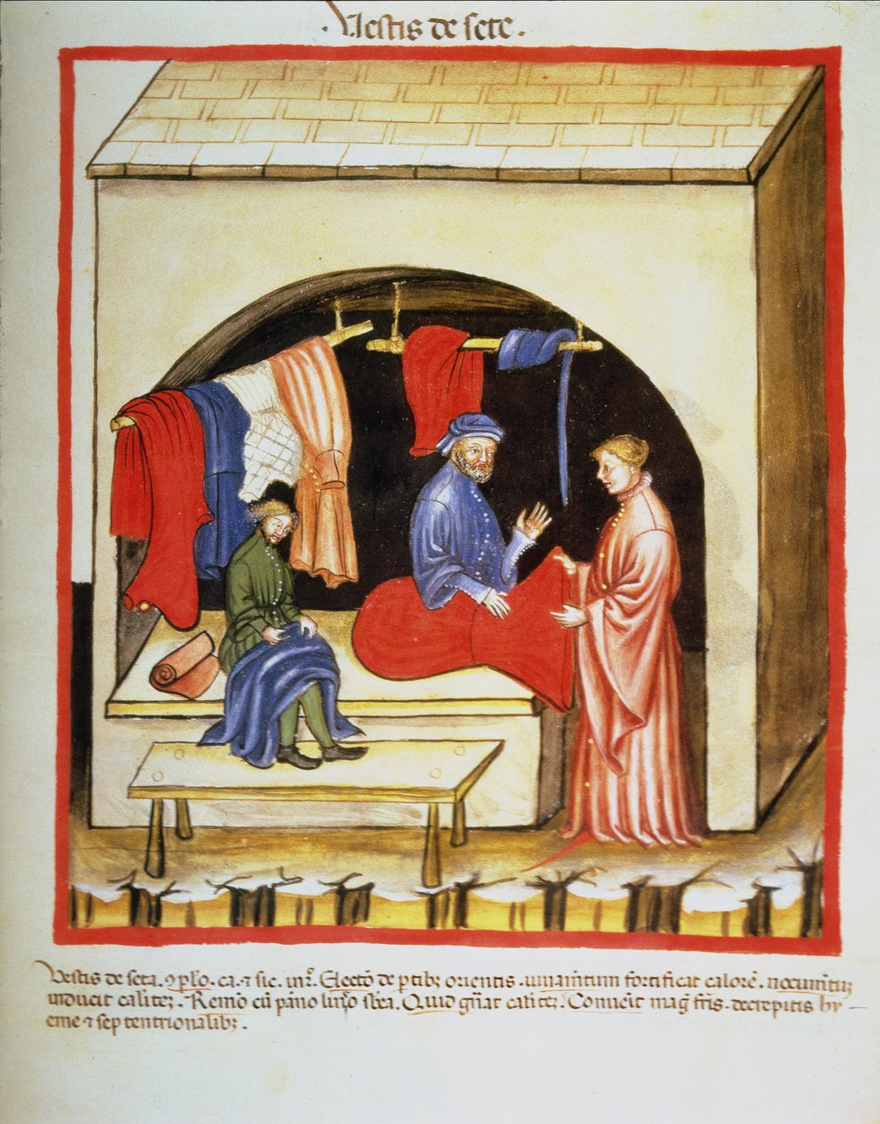 Nova 2644 fol.106r متجر الخياطين: ملابس الحرير ، من Tacuinum Sanitatis بواسطة المدرسة الايطالية