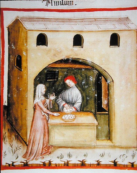 Nova 2644 fol.43r بيع نشا القمح ، من Tacuinum Sanitatis Codex Vindobonensis (على ورق) بواسطة المدرسة الايطالية