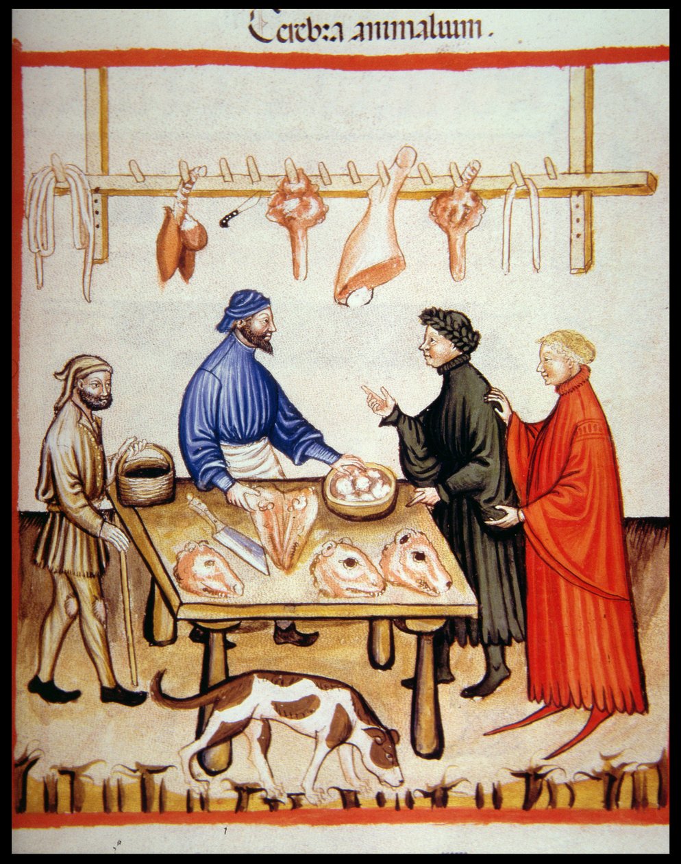 Nova 2644 fol.77r محل الجزارين ، بيع العقول ، من Tacuinum Sanitatis Codex Vindobonensis بواسطة المدرسة الايطالية