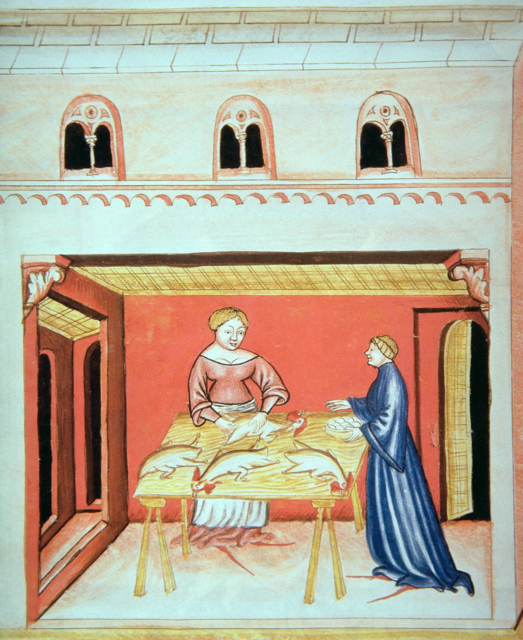 نوفا 2644 fol.79v الجزارين: إزالة الخصيتين ، من Tacuinum Sanitatis بواسطة المدرسة الايطالية
