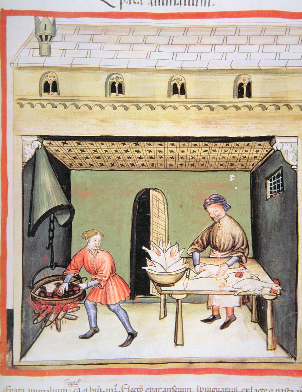 Nova 2644 fol.80r الجزارين: كبد الطبخ ، من Tacuinum Sanitatis بواسطة المدرسة الايطالية