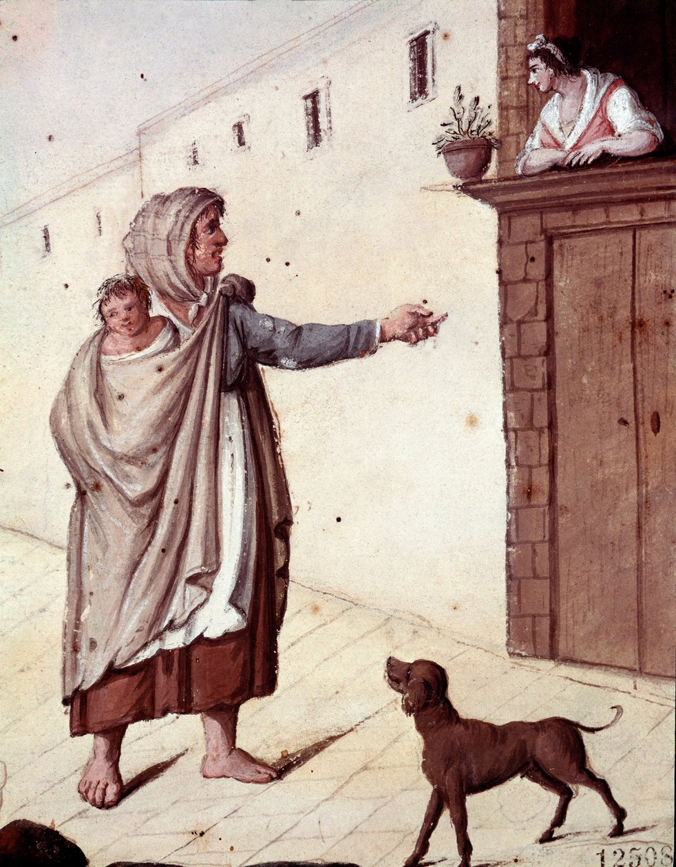 Old Neapolitan metiers: a beggar and her child in the streets of Naples - (Old Neapolitan trades: a beggar) Watercolour of the 19th century - Naples Museo Nazionale di San Martino بواسطة المدرسة الايطالية