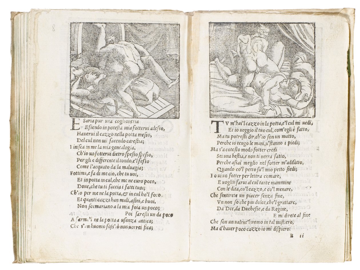 صفحة من "Sonetti Lussuriosi" بقلم Pietro Aretino ، تم رسمها بواسطة Giulio Romano ونقشها Marcantonio Raimondi ، نُشرت البندقية ، حوالي 1527 بواسطة المدرسة الايطالية