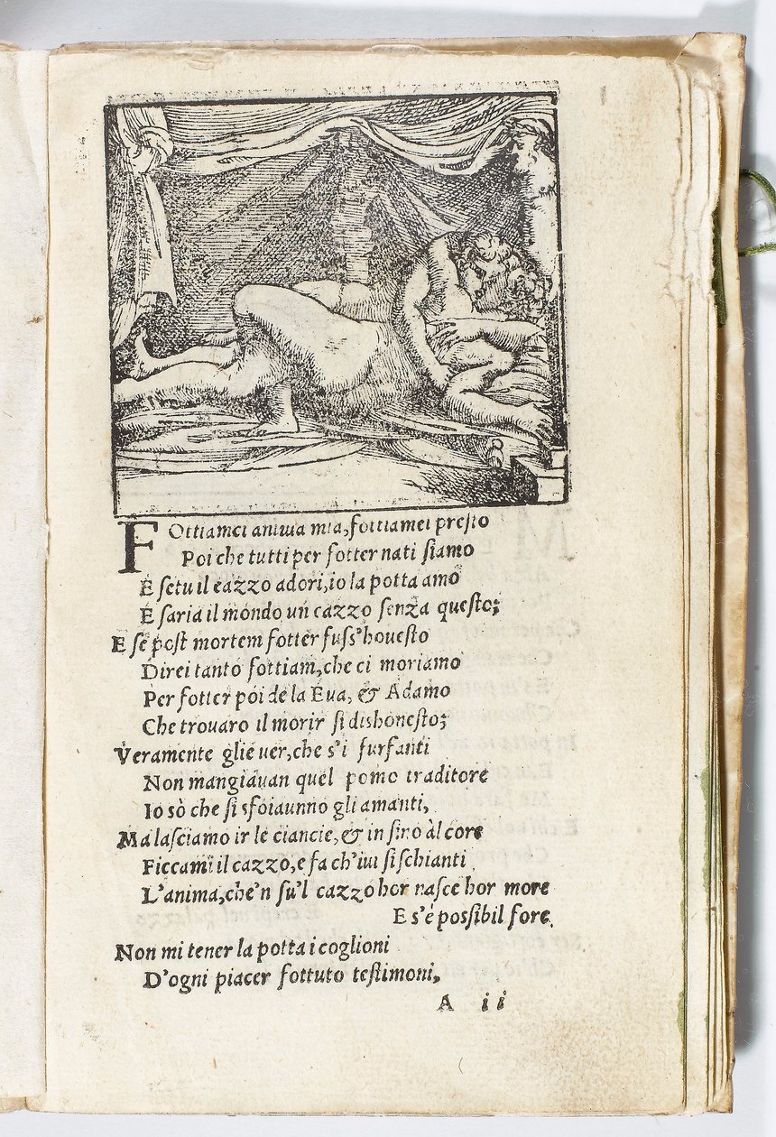 صفحة من "Sonetti Lussuriosi" بقلم Pietro Aretino ، رسمها جوليو رومانو ونقشها Marcantonio Raimondi ، منشور البندقية ، حوالي 1527 (طباعة ونقش خشبي) بواسطة المدرسة الايطالية