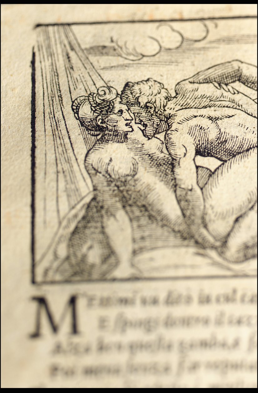 صفحة من "Sonetti Lussuriosi" بقلم Pietro Aretino ، رسمها جوليو رومانو ونقشها Marcantonio Raimondi ، منشور البندقية ، حوالي 1527 (طباعة ونقش خشبي) بواسطة المدرسة الايطالية