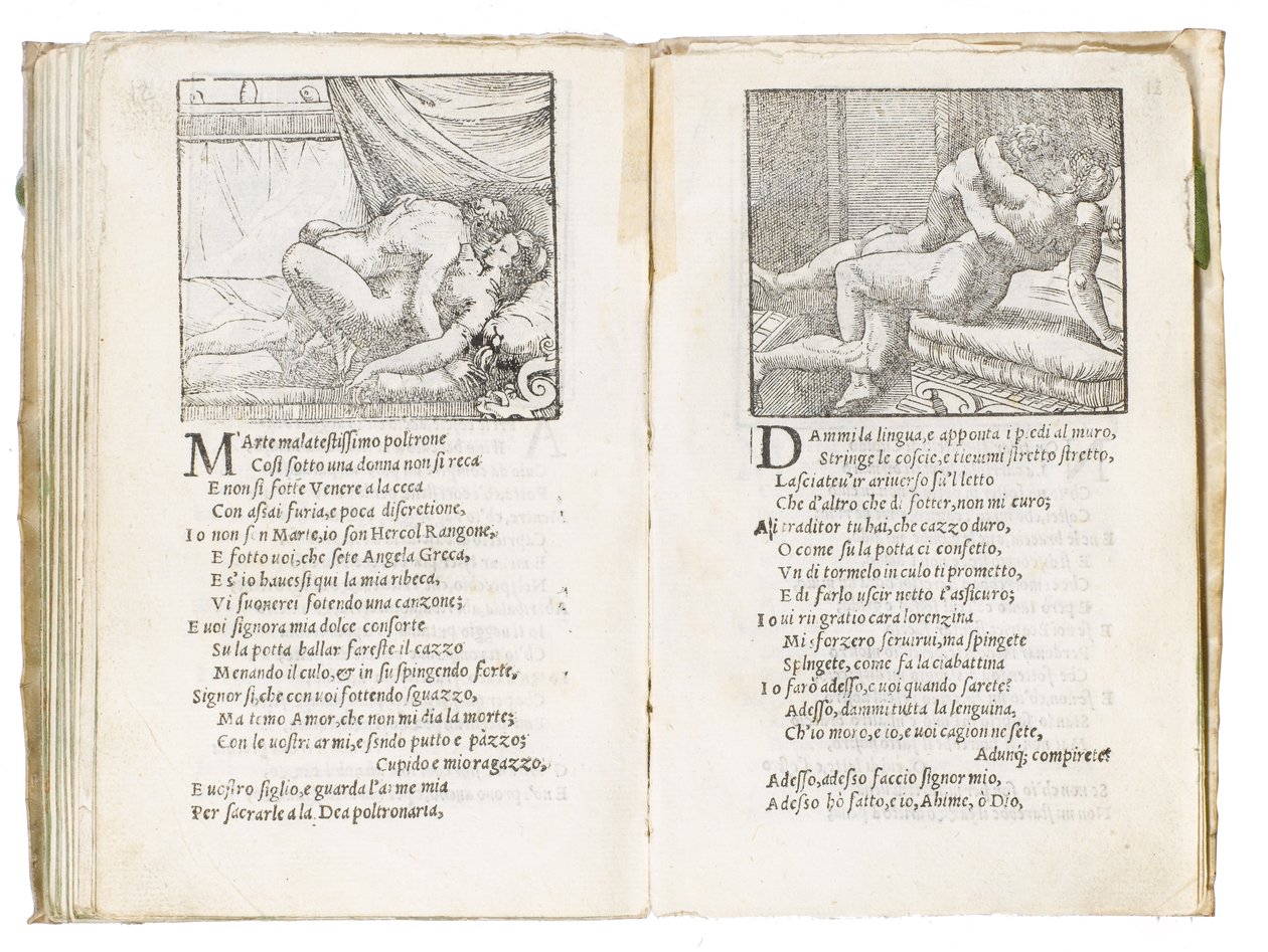 صفحة من "Sonetti Lussuriosi" بقلم Pietro Aretino ، رسمها جوليو رومانو ونقشها Marcantonio Raimondi ، منشور البندقية ، حوالي 1527 (طباعة ونقش خشبي) بواسطة المدرسة الايطالية