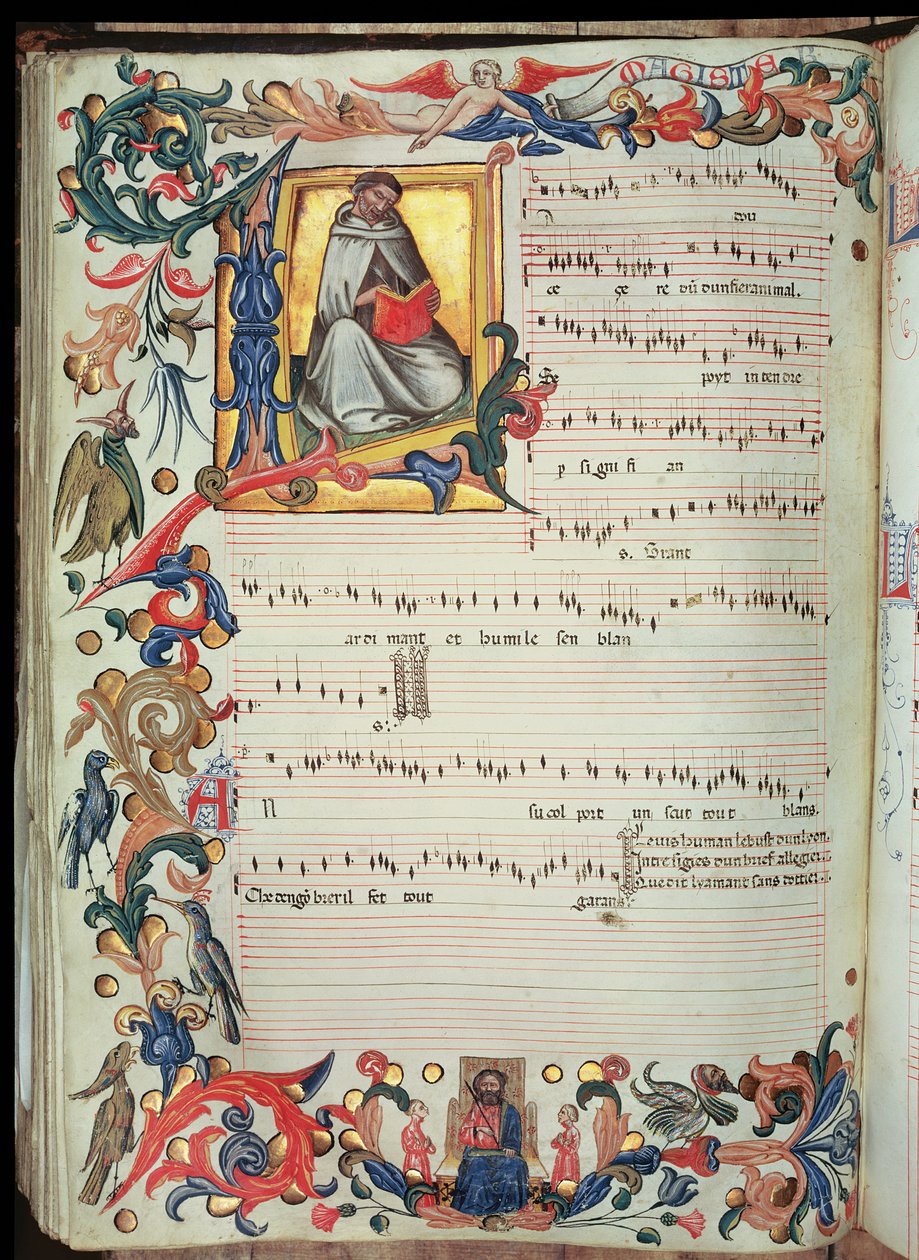 صفحة من التدوين الموسيقي بحرف أولي مؤرخ ، من Squarcialupi Codex ، أنتجت في دير فلورنتين S. Maria degli Angeli (رق) بواسطة المدرسة الايطالية