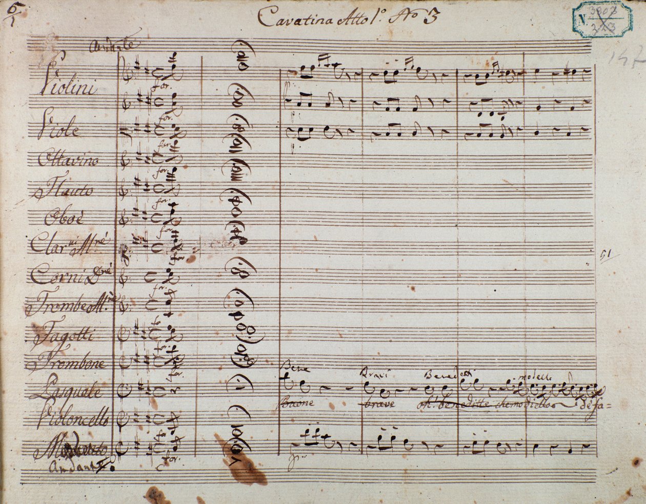 صفحة النوتة الموسيقية من الفصل الأول لأوبرا "Olivo e Pasquale" بقلم Gaetano Donizetti (حبر على ورق) بواسطة المدرسة الايطالية