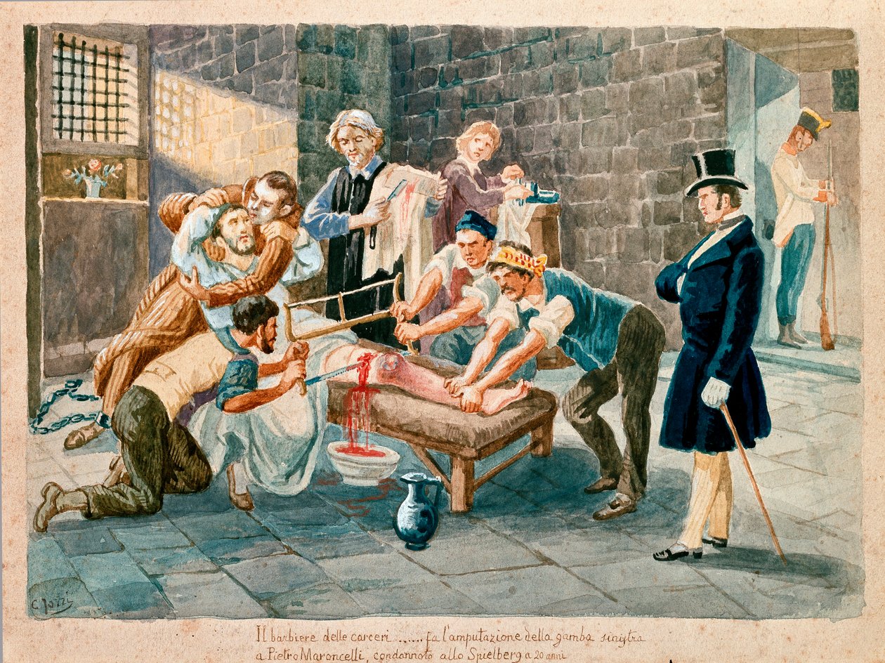 Patriot and member of the Carboneria (Carbonarism) Pietro Maroncelli (1795-1846) was amputes of his leg during his imprisonment in the penitencier of the fortress of Spielberg in Moravia. Prints of the 19th century Museo del Risorgimento, Milan بواسطة المدرسة الايطالية