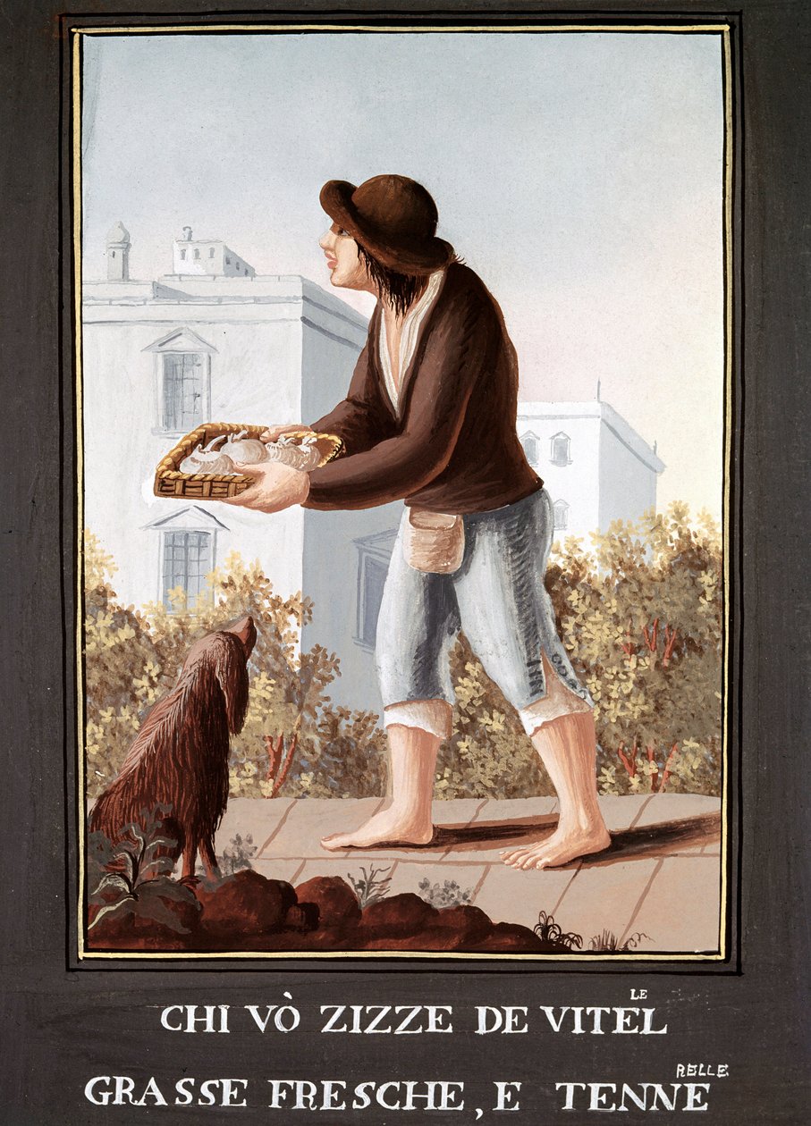 Petites Metiers Neapolitans: بائع ضروع البقر - (التجارة القديمة: بائع ضرع الأبقار) لوحة مائية من القرن التاسع عشر - متحف نابولي Nazionale di San Martino بواسطة المدرسة الايطالية