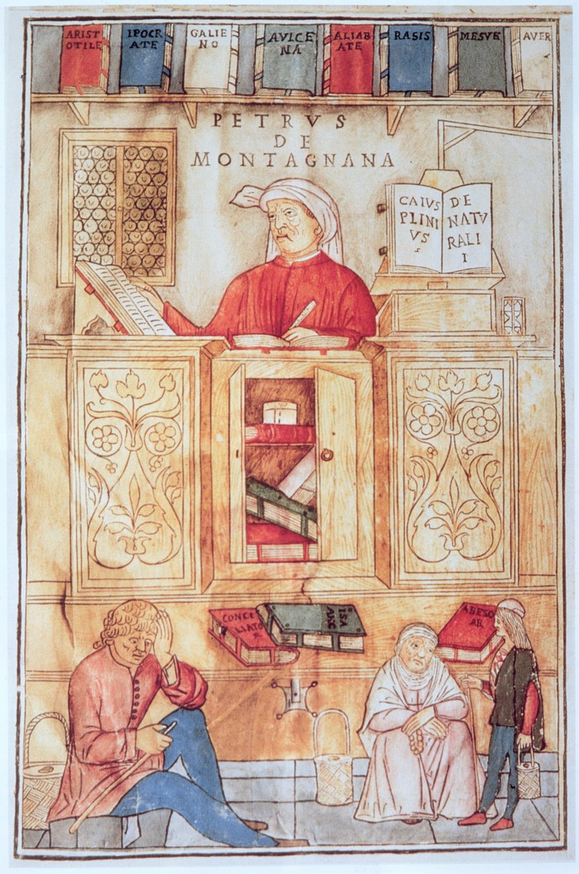 Petrus de Montagnana ، رسم توضيحي من "Fasciculus Medicinae" بقلم جان دي كيتام ، نُشر في البندقية عام 1495 (نقش خشبي ملون) بواسطة المدرسة الايطالية