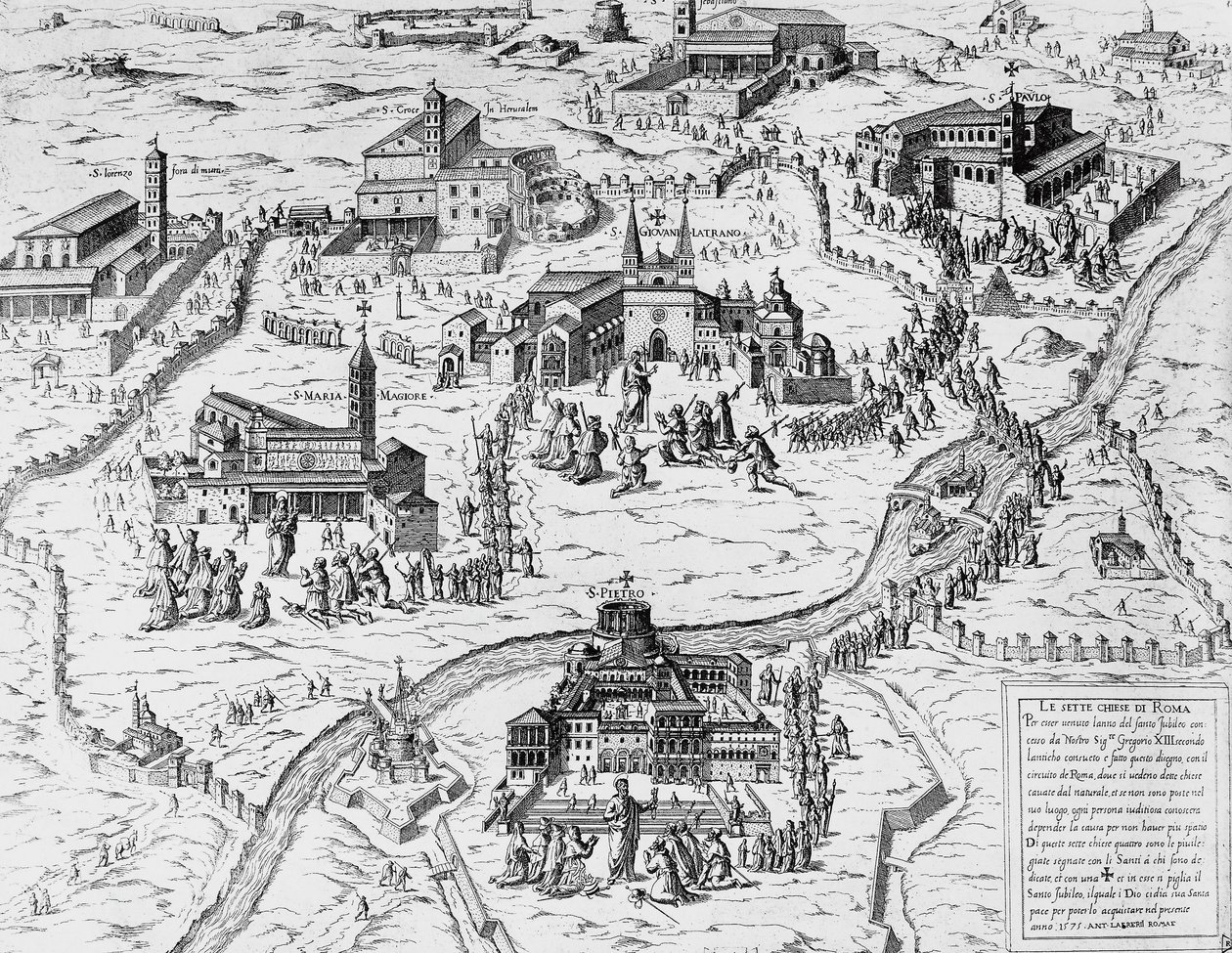 Pilgrims visiting Seven Churches of Rome during Holy Year of 1575, engraving, Italy بواسطة المدرسة الايطالية