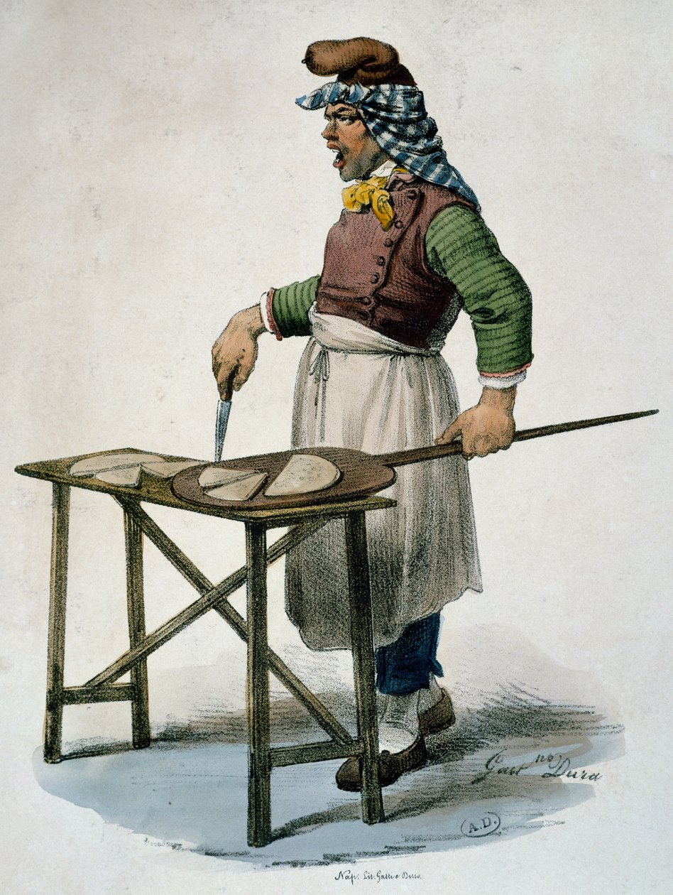 Pizza maker, ca 1820, engraving, Italy بواسطة المدرسة الايطالية