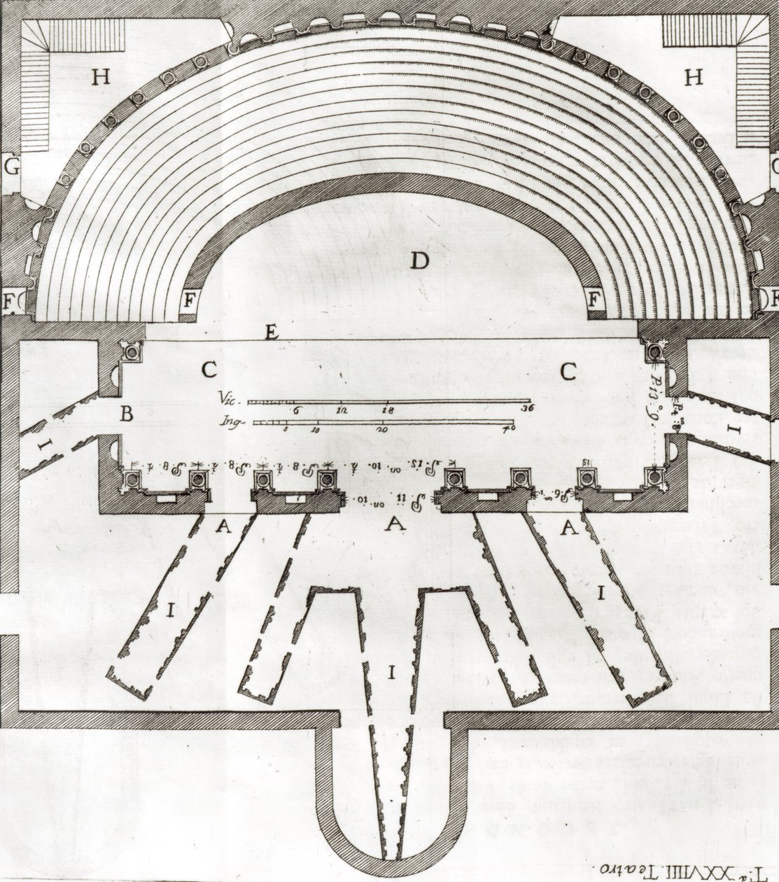 مخطط المسرح الأولمبي ، فيتشنزا ، من تصميم أندريا بالاديو (1508-80) الذي بني في 1580-85 بواسطة المدرسة الايطالية