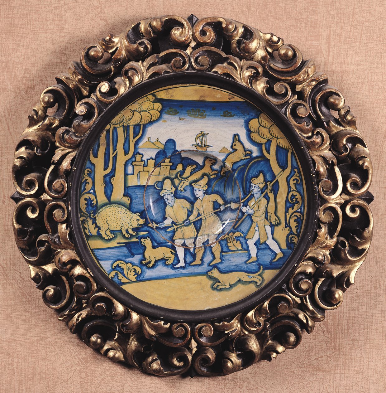 لوحة مزخرفة بمنظر صيد ، ورشة ديروتا ، c.1540-45 (مايوليكا) بواسطة المدرسة الايطالية