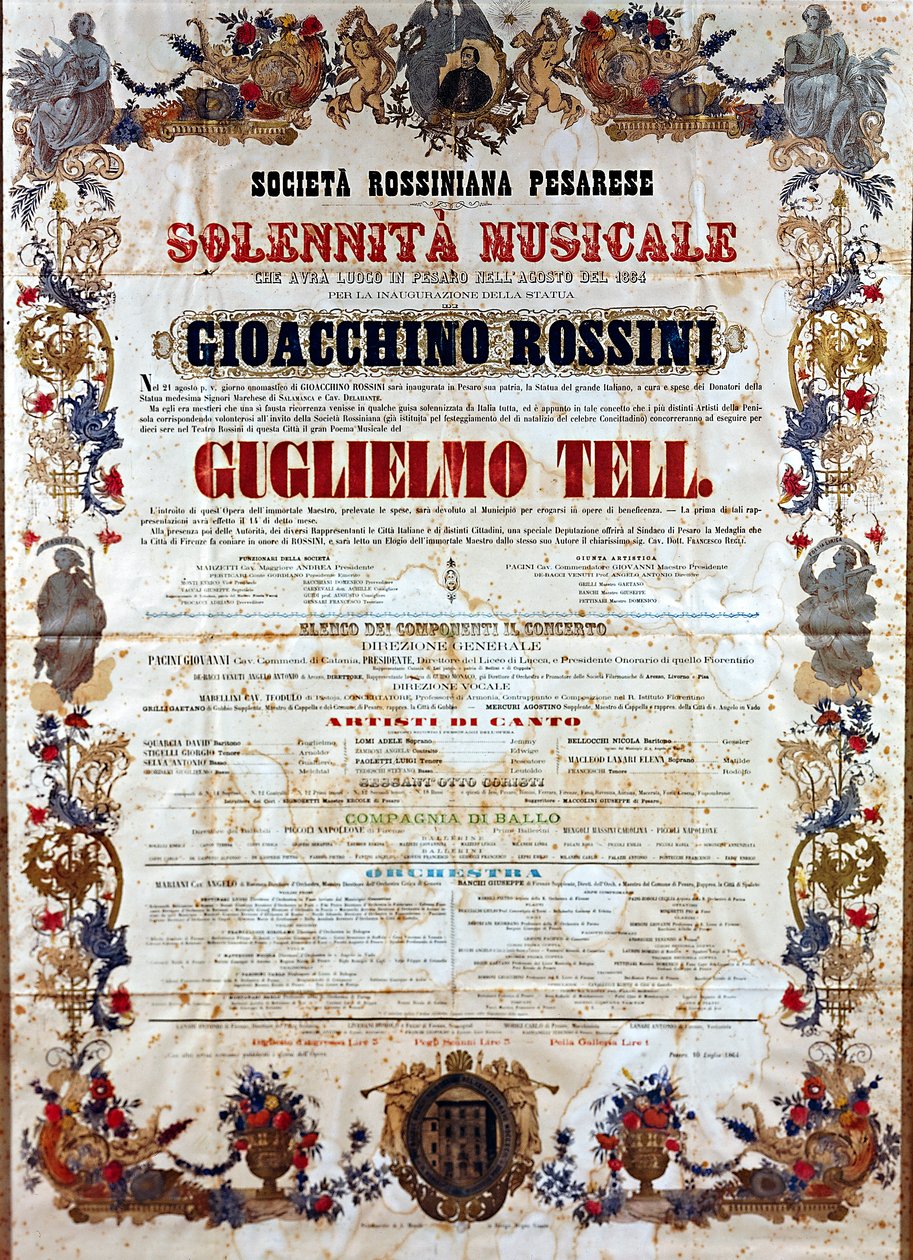 Playbill for Guillaume Tell, the opera by Gioachino Rossini, c.1864 (color litho) بواسطة المدرسة الايطالية