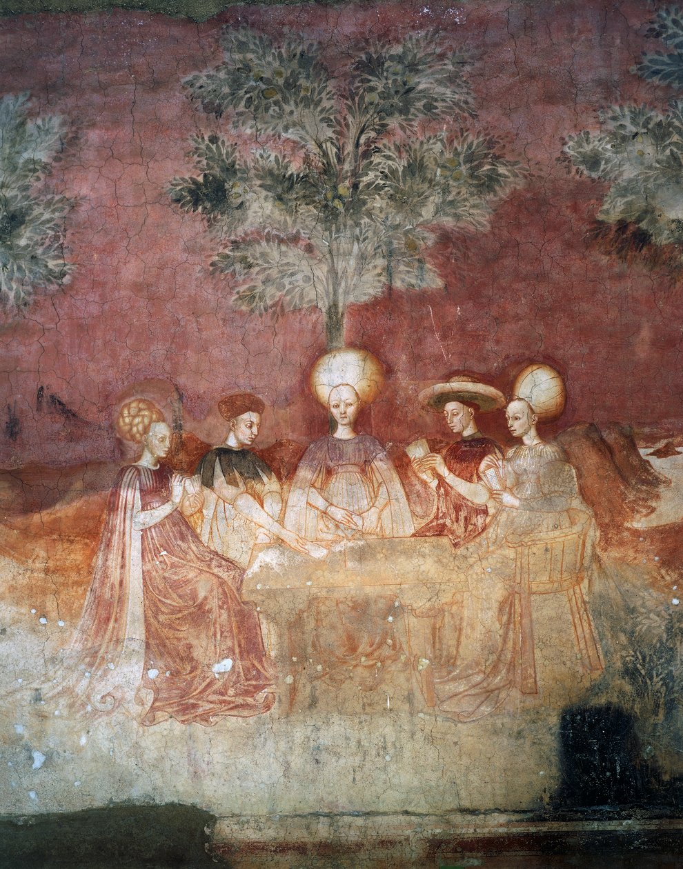 اللعب بأوراق التارو ، مشهد من دورة الألعاب ، حوالي 1445-1450 ، في الهواء الطلق ، بالازو بوروميو ، ميلان ، لومباردي ، إيطاليا بواسطة المدرسة الايطالية