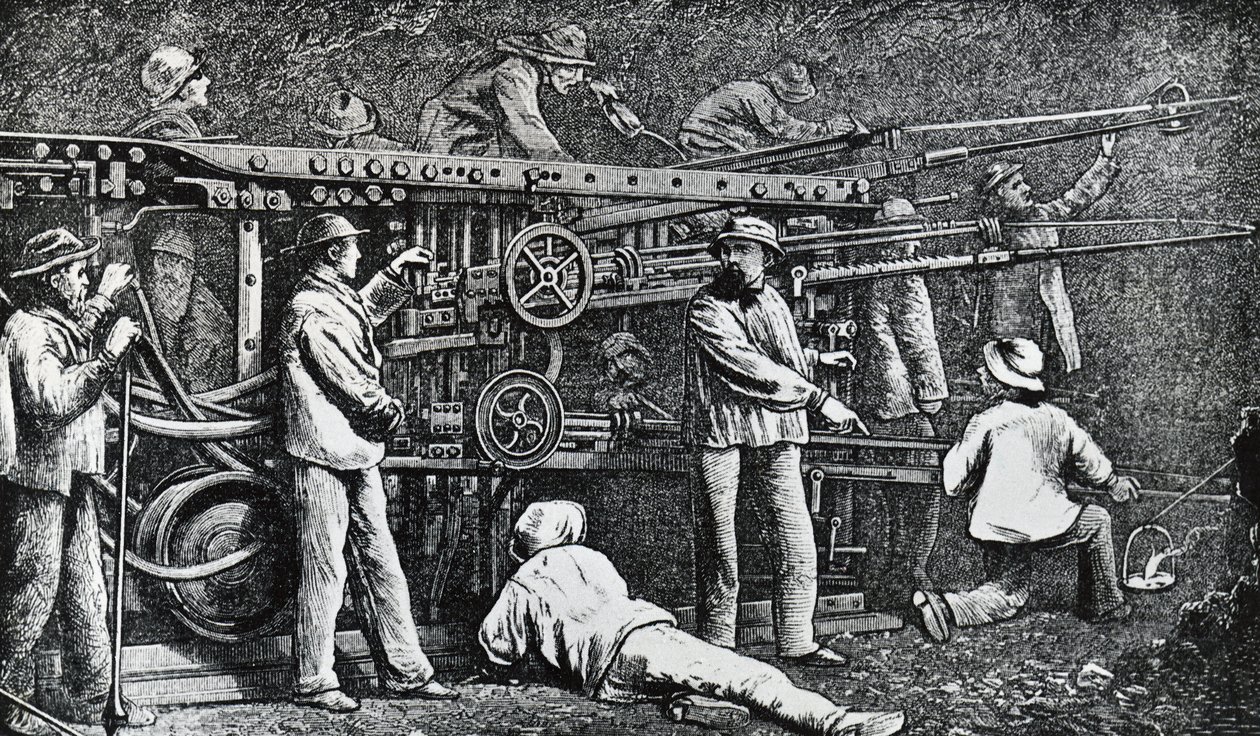Pneumatic rock-drilling machine created by Giovanni Battista Piatti and perfected by Germano Sommeiller (1815-1871), engraving Italy بواسطة المدرسة الايطالية