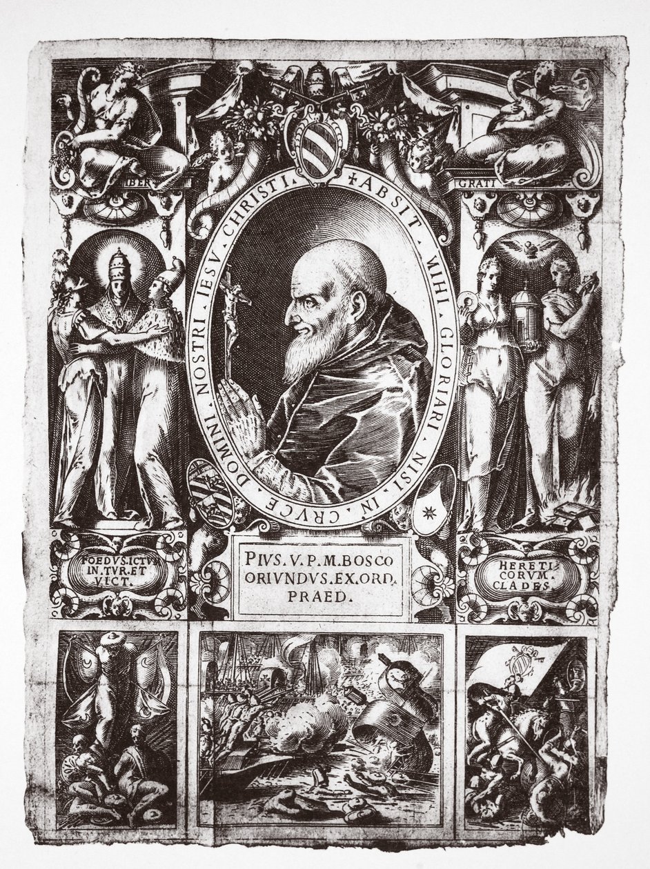 البابا بيوس الخامس ، مع الصور الكاملة لمعركة ليبانتو ، من Vita del Gloriosissimo Papa Pio Quinto ، حانة. 1586 بواسطة المدرسة الايطالية