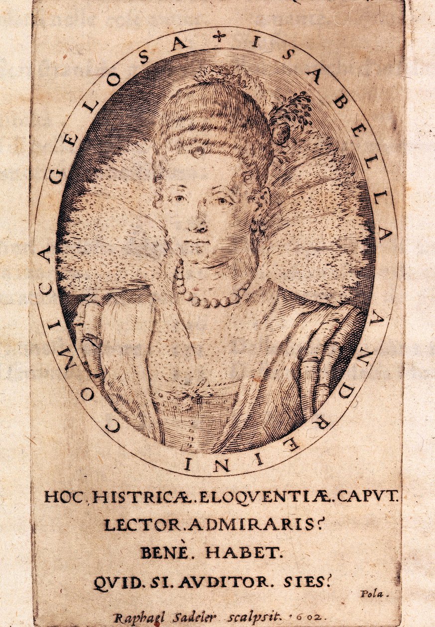 صورة للممثلة الإيطالية أندرينا إيزابيلا كانالي (1562-1604) ، صفحة عنوان رسائلها بواسطة المدرسة الايطالية