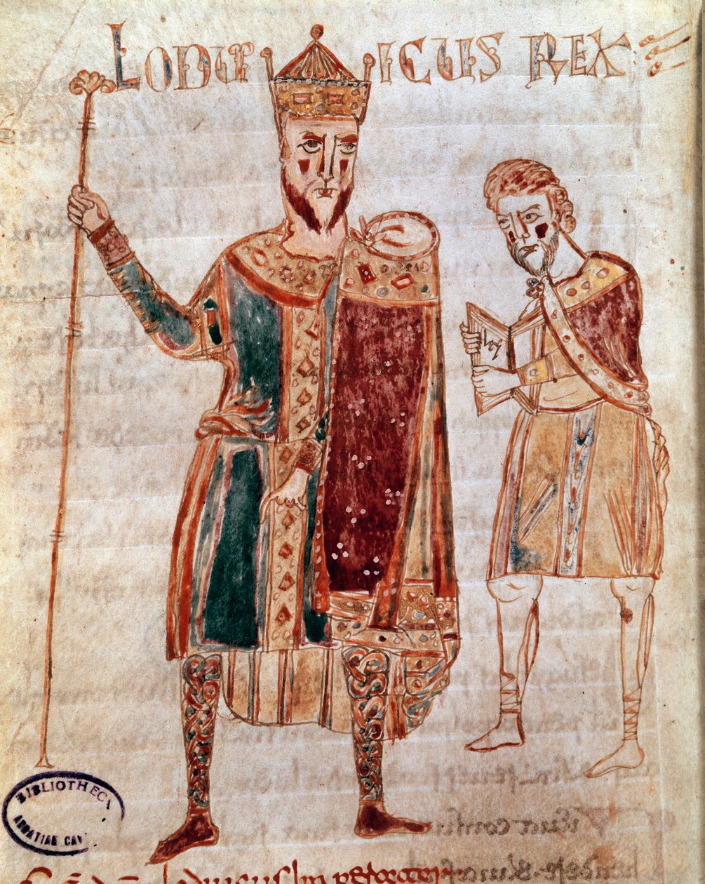 صورة لويس الأول الورع (778-840) ، صفحة مخطوطة ملك فرنسا (مللي ثانية) "Codex Legum Longobardorum" (أو Langobardorum) التي تصف قوانين مملكة لومبارد التي أنشأها الملك روثاري بواسطة المدرسة الايطالية