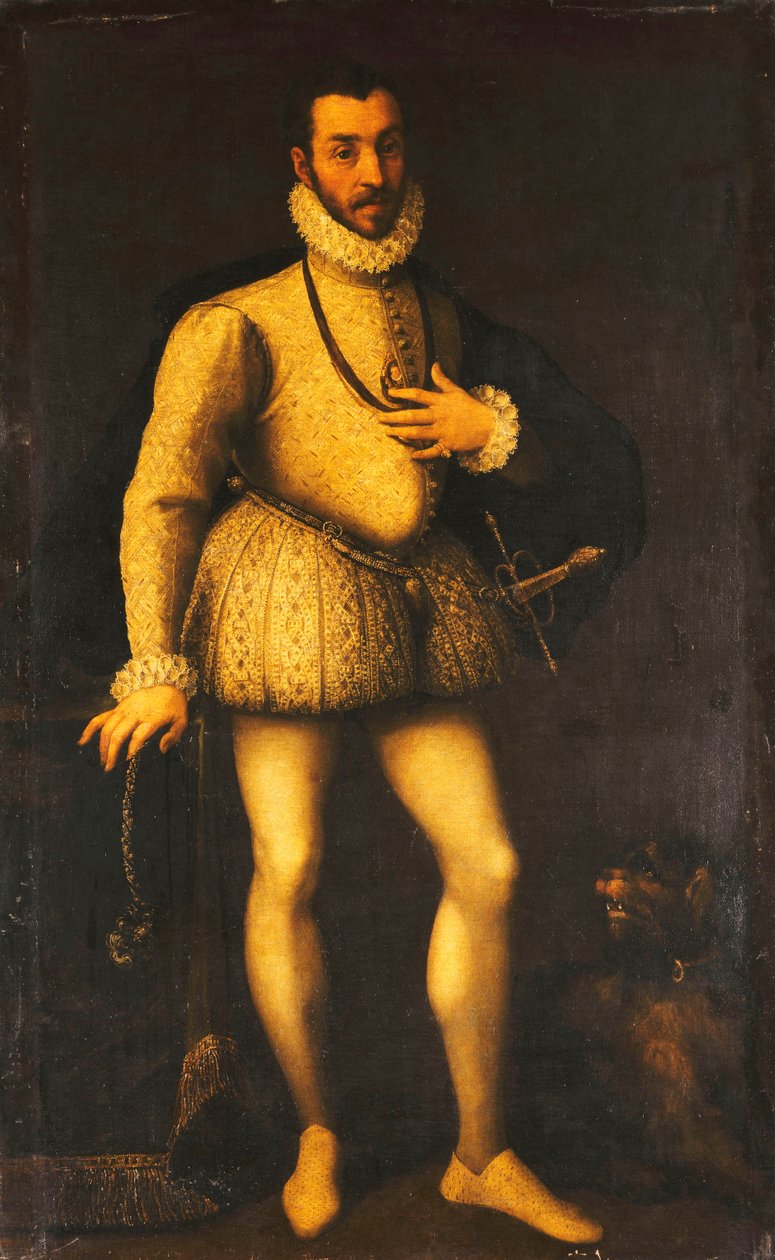 صورة لرجل نبيل ، كامل الطول ، يرتدي جركن أبيض مطرز ، عباءة وسيف ، c.1580 بواسطة المدرسة الايطالية