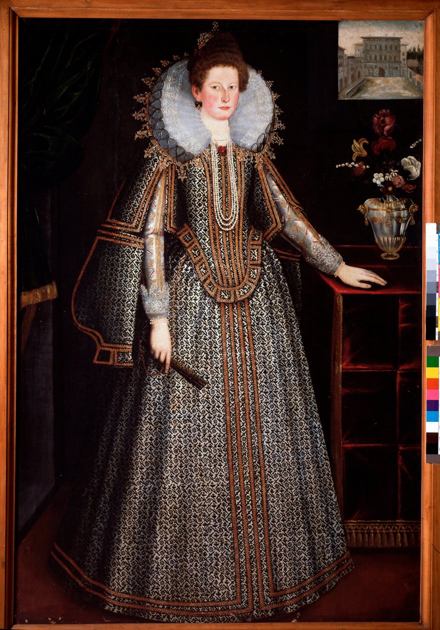 Portrait of a lady of the Florentine nobility Derriere her a representation of the Pitti Palace, she is dressed in a richly paree dress and a strawberry collar in a charette wheel (Portrait of a florentine lady with a cartwheel ruff and a richly adorned dr بواسطة المدرسة الايطالية