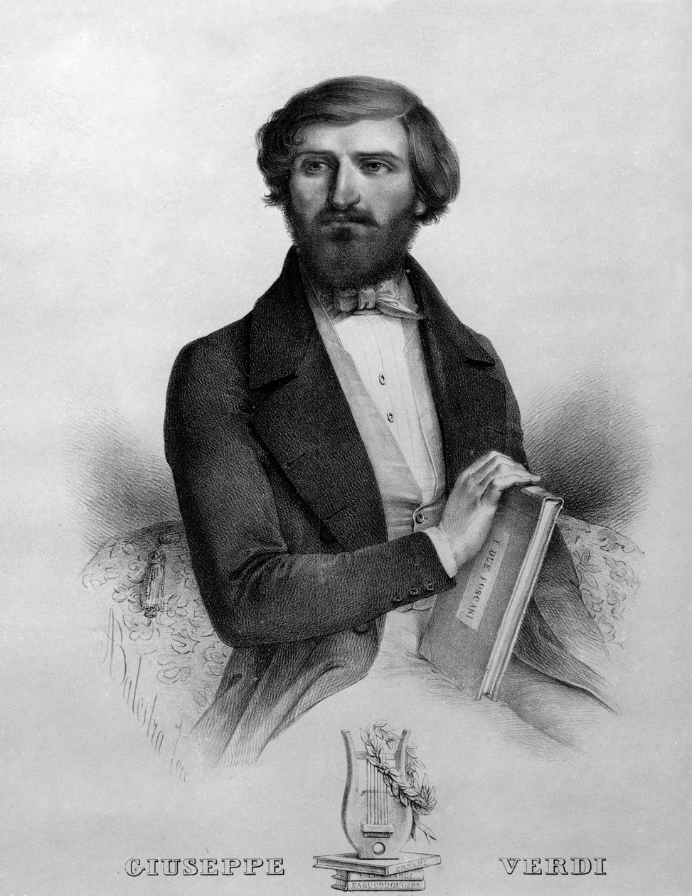 صورة للمؤلف الموسيقي الإيطالي جوزيبي فيردي (1813 - 1901) عام 1844 بنتيجة أوبرا "I due foscari" ". بواسطة المدرسة الايطالية