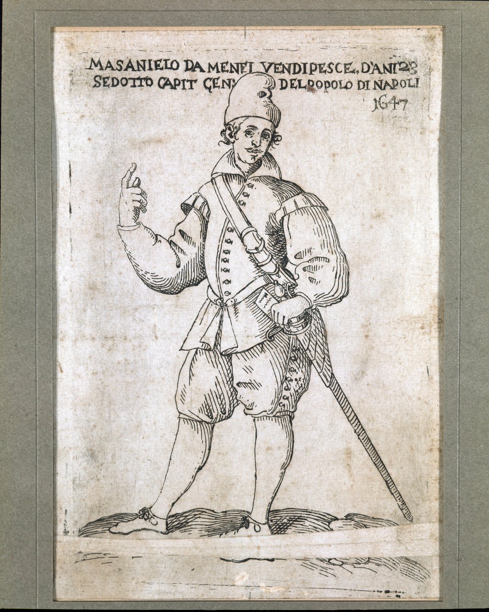 صورة لصياد نابولي والثوري ماسانييلو (1623-1647) (صورة ماسانييلو ، صياد نابولي وقائد الثورة ضد حكم هابسبورغ في نابولي عام 1647) نقش من القرن السابع عشر متحف ناسيونالي دي سان مارتينو نابلي بواسطة المدرسة الايطالية
