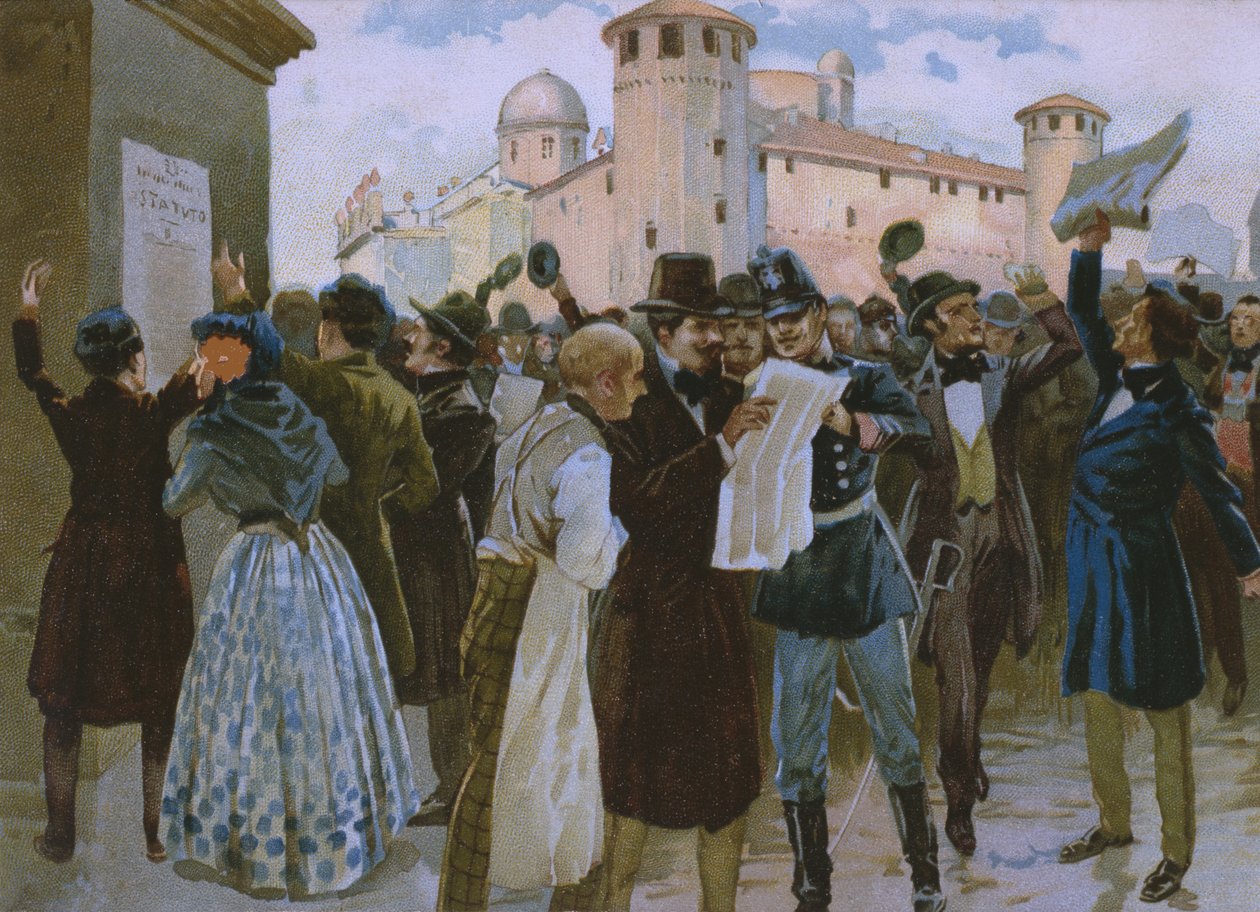 إعلان نتائج استفتاء 4 مارس 1848 قبل قصر ريالي في تورينو ، توضيح من ألبوم عن تاريخ Risorgimento المصنوع للشوكولاتة Talmone ، أواخر القرن التاسع عشر بواسطة المدرسة الايطالية