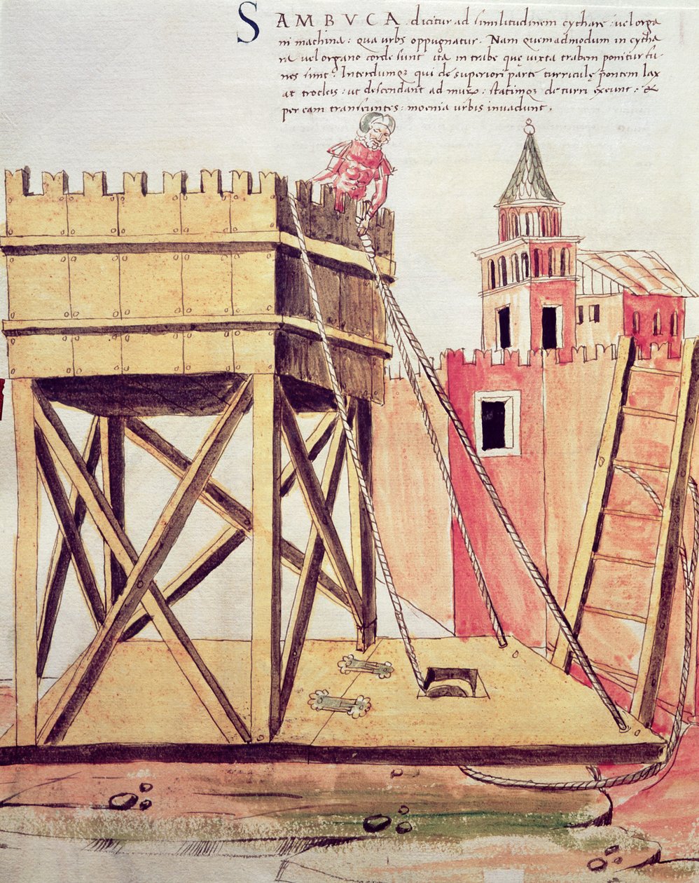 مشروع برج حصار ، رسم توضيحي من "De re Militari" بقلم Roberto Valturio (1405-75) 1470 (قلم حبر وحبر وألوان مائية على ورق) بواسطة المدرسة الايطالية