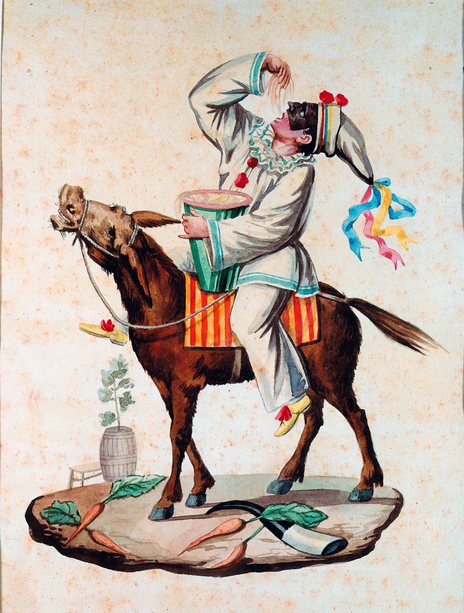 Pulcinella (Polichinelle) شخصية Commedia dell'arte ، وتناول المعكرونة على حمار مائي مجهول من القرن التاسع عشر. متحف روما الوطني للمعكرونة ، مؤسسة أغنيسي بواسطة المدرسة الايطالية
