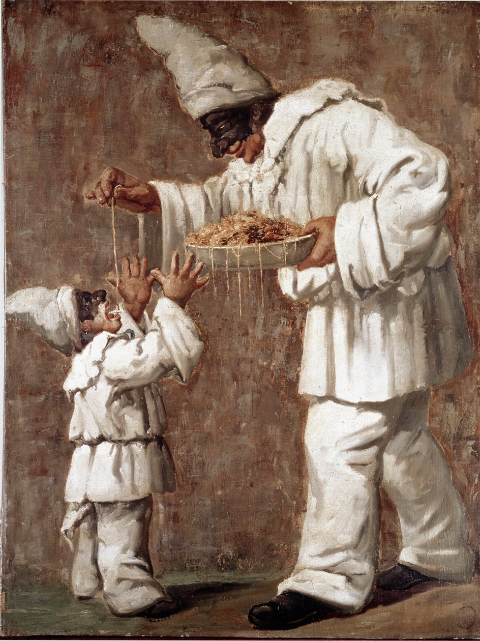 Pulcinella (polichinelle) شخصية Commedia dell'arte تعطي المعكرونة (السباغيتي) لوحة بوليشينيل صغيرة مجهولة. المتحف الوطني للمعكرونة في القرن التاسع عشر ، مؤسسة أغنيسي ، روما بواسطة المدرسة الايطالية