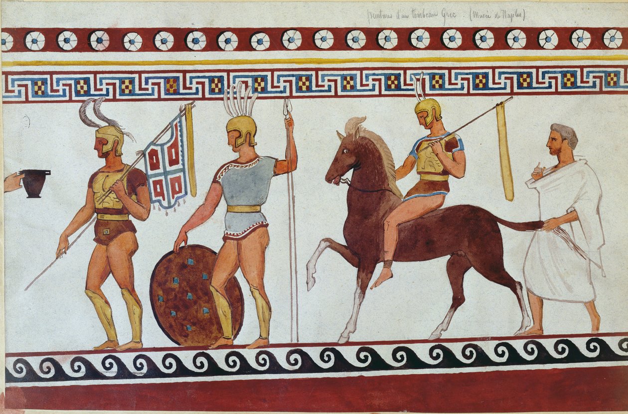 إعادة بناء لوحة المقابر من Paestum تصور جنود المشاة والفرسان اليونانيين (انظر أيضًا 186246 و 119488 و 444298) بواسطة المدرسة الايطالية